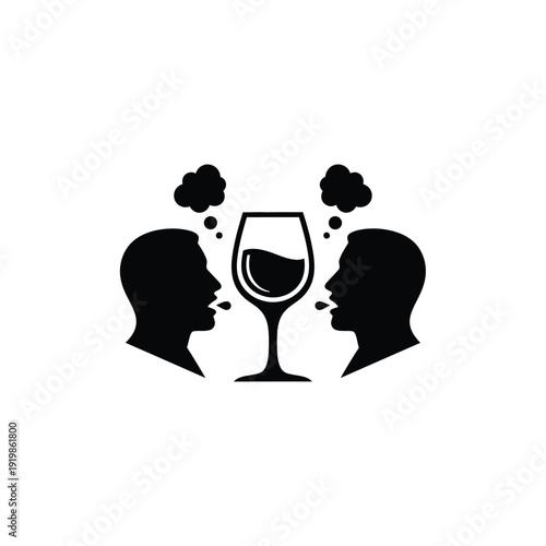 Black silhouette two people talking about wine glass