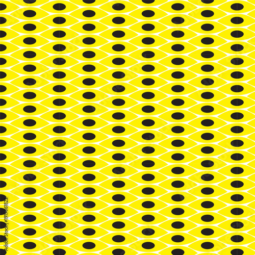 Minimalist seamless pattern featuring a bold yellow and black geometric eye motif in a repetitive grid design.