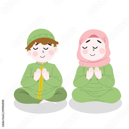 Muslim Kids Praying for Islamic Holidays, Ramadan & Eid Mubarak Celebration Graphic