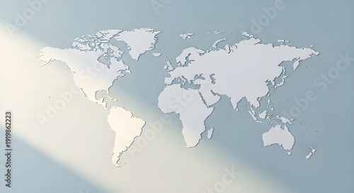 Clean White Paper Cut World Map on Light Blue Background with Soft Shadow