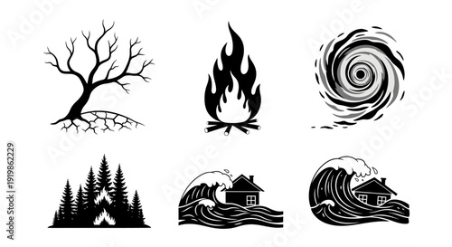 Collection of Black and White Nature Icons.