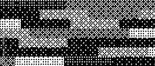 Pixel bitmap pattern texture. Black rectangle dither wallpaper. Abstract 8 bit glitched screen concept. Arcade video game background. Retro pixel art backdrop. Vector distorted raster effect overlay
