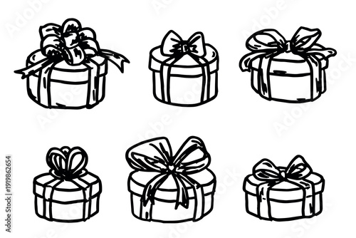 Set of hand drawn present box with ribbons Birthday present clipart Christmas gift Holiday doodle For design, print, web, decor, greeting card, sale