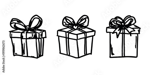 Set of hand drawn present box with ribbons Birthday present clipart Christmas gift Holiday doodle For design, print, web, decor, greeting card, sale
