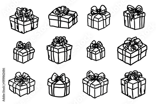 Set of hand drawn present box with ribbons Birthday present clipart Christmas gift Holiday doodle For design, print, web, decor, greeting card, sale