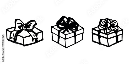 Set of hand drawn present box with ribbons Birthday present clipart Christmas gift Holiday doodle For design, print, web, decor, greeting card, sale