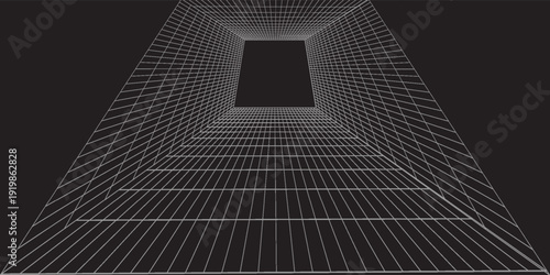 Grid room in perspective in 3d style. Indoor wireframe from white laser beam,  digital empty box. Abstract geometric design. Vector illustration