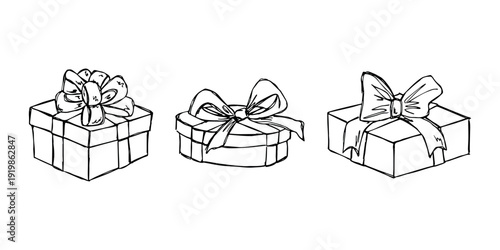 Set of hand drawn present box with ribbons Birthday present clipart Christmas gift Holiday doodle For design, print, web, decor, greeting card, sale