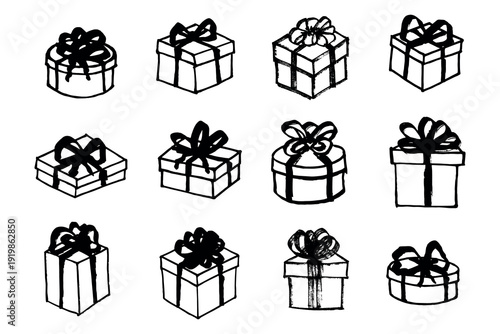 Set of hand drawn present box with ribbons Birthday present clipart Christmas gift Holiday doodle For design, print, web, decor, greeting card, sale