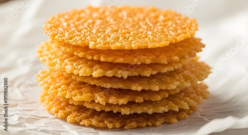 Close-Up of Crispy Parmesan Crisps With Golden Lacy Cheese Edges, Delicate Thin Cheese Rounds Baked to Perfection, Bubbly Texture & Crisp Edges, Perfect for Snack Food Styling & Appetizing Macro