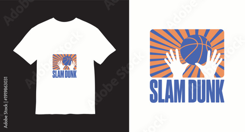 Slam dunk basketball t-shirt design with hands holding ball, sports graphic