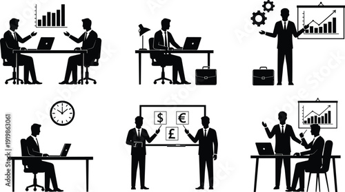 Business Professional Silhouette Collection, Corporate Meeting and Presentation Icons, Financial Data Analysis, Global Currency Strategy, Office Management, Team Success, Workplace Productivity.