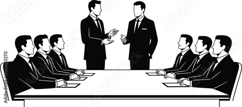 Corporate, boardroom, meeting, silhouettes, business, professionals, in, suits, sitting, at, conference, table, discussing, strategy, and, leadership, collaboration, for, workplace, concepts