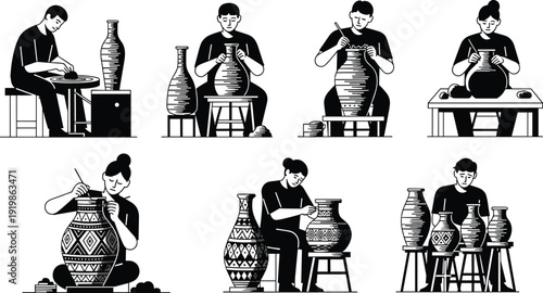 Pottery, workshop, icons, showing, artisans, throwing, clay, on, wheel, painting, ceramic, vases, handmade, craft, pottery, studio, creative, hobby, traditional, craftsmanship, silhouettes