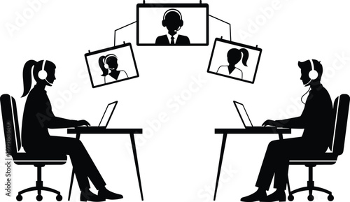 Remote Call Center Silhouette, Virtual Business Meeting, Customer Support Agents with Headsets, Online Video Conference, Team Collaboration, Global Communication Technology.