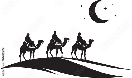 Three Wise Men on Camels – Nativity Silhouette Vector Illustration