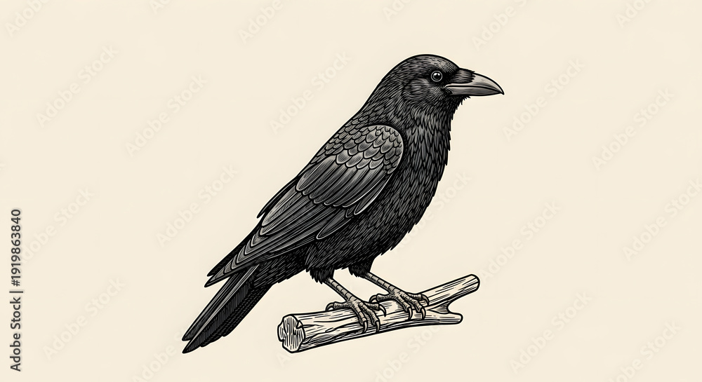 Naklejka premium A detailed vintage style drawing of a black crow perched on a dry wooden branch