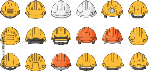 Construction safety helmet icon set featuring multiple hard hat styles and angles, protective equipment for workers, industrial protection concept, engineering safety gear vector illustration