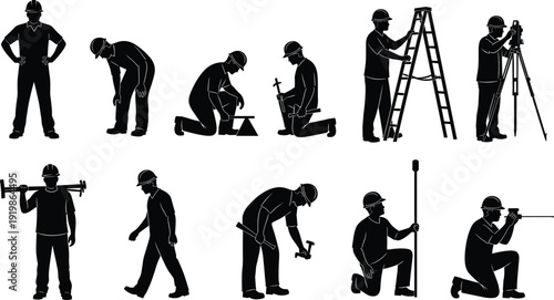Construction worker silhouettes set showing engineers, surveyors and laborers using tools, ladder and tripod at industrial site, representing safety, teamwork, infrastructure development