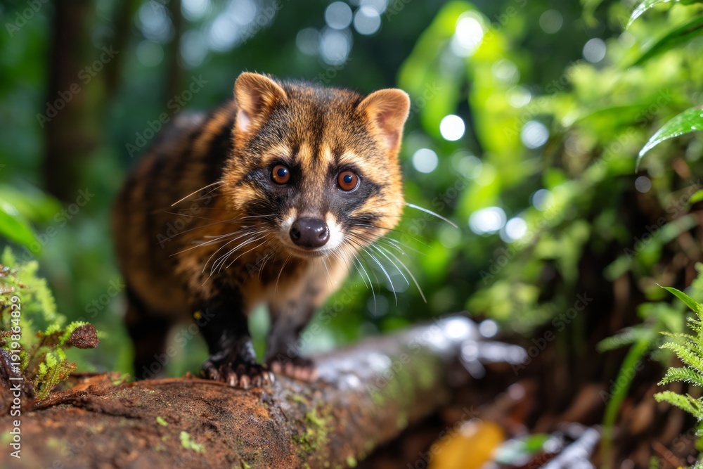 Fototapeta premium Nocturnal Civet Walking Along Rainforest Ridge at Night in Lush Green Environment