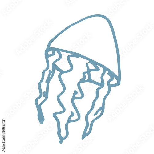 Hand drawn blue jellyfish doodle Sea animal illustration Cute marine underwater creature Medusa sketch clipart Single element for web, design, decor, children's print