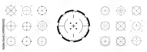 Crosshair Hud. Weapon scope telescope and goal UI elements. Shooting mark symbol. Military target sign. Flat Vector illustration.