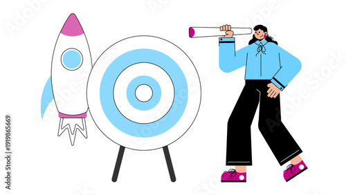 Young woman searching for the business vision with a telescope