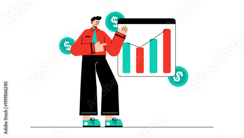 A man looking concerned while pointing at a financial bar chart with floating coins