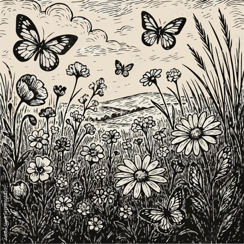 Vintage black and white engraving depicts several delicate butterflies fluttering among tall wildflowers in a grassy meadow landscape.