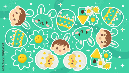 Mint green and teal pattern with bunny boys hatching chicks and colorful eggs