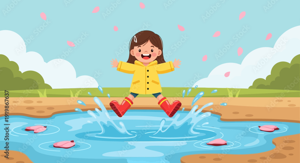 Naklejka premium Young Girl Jumping in Rain Puddle.