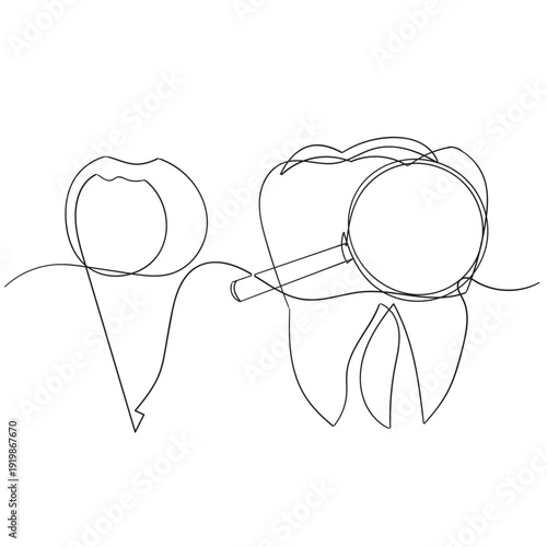 continuous line drawing teeth zoom with magnifying glass