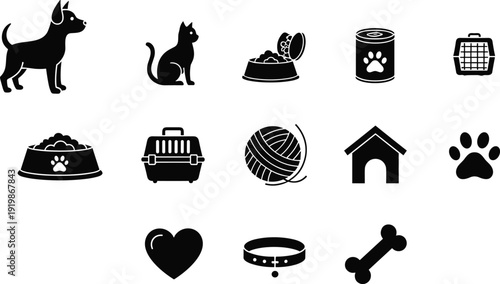 Pet care vector icon set featuring dog cat food bowl kennel collar paw veterinary animal accessories isolated collection