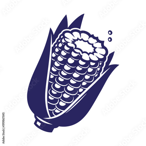 Blue illustration of an ear of corn with leaves and kernels on white background