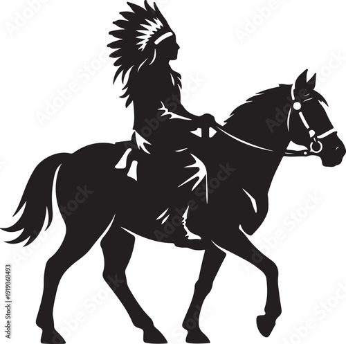 Native American Warrior Riding Horse – Black Silhouette Vector Illustration