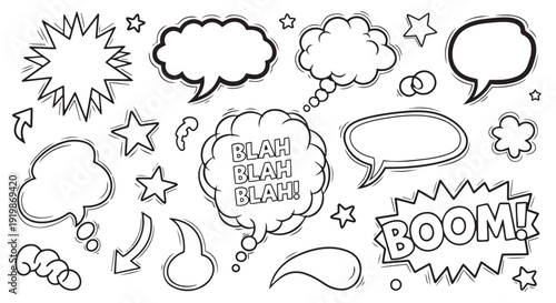 Comic book speech bubbles and star elements in black and white.