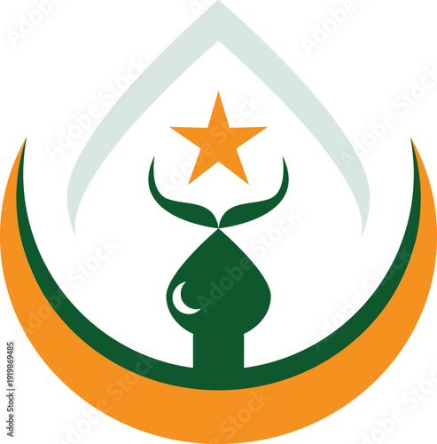 Modern Islamic Logo with Crescent Moon, Star and Green Plant Growth Symbol Vector Design
