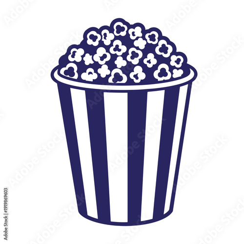 A blue and white striped bucket filled with popcorn on white background