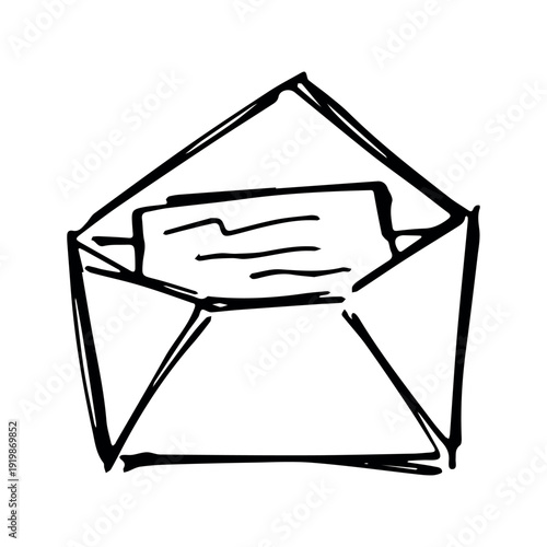 Hand drawn envelope with letter inside Mail and correspondence doodle Love, communication, invitation Single element for design, print, decor