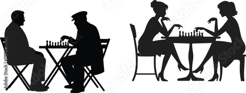 Chess players silhouette set, men and women playing strategy board game isolated vector illustration