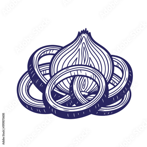Illustration of a whole onion with sliced rings on white background
