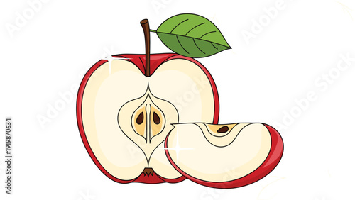 Fresh red apple cut in half showing the seeds and a single slice next to it, illustrated in a bright and appetizing digital style for snacks.