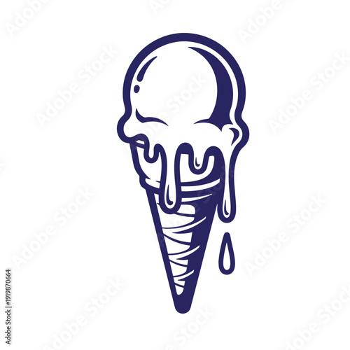 Blue illustration of melting ice cream cone shaped like a human skull in side view with dripping ice cream
