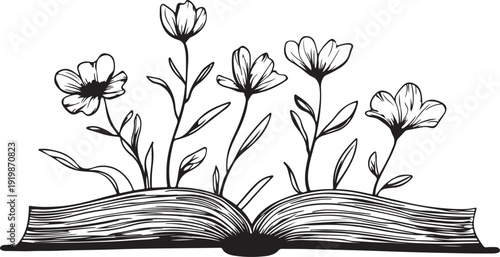 Open book with flowers and vintage floral decoration
