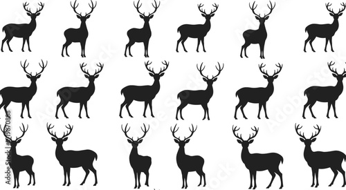 Deer Silhouette Collection, Majestic Stag with Antlers in Various Poses Isolated on White Background, Vector Illustration Set