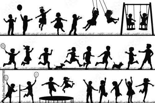 Children playing silhouettes set, happy kids outdoor activities, playground fun scenes, childhood joy freedom, park games illustration, black vector design
