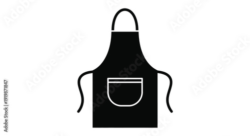 A simple black and white graphic depicts a classic kitchen apron flatly illustrated with a pocket high quality