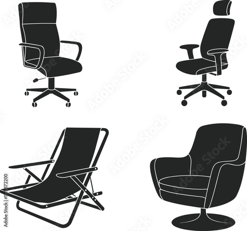 Modern chair silhouette collection, office and lounge seating furniture isolated vector illustration set