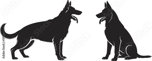 German Shepherd dog silhouettes set featuring standing and sitting poses, loyal guard animal symbol, canine pet illustration, black shape design isolated on light background