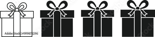 Gift box icon set with ribbon bow silhouettes and outline styles isolated on white background, perfect for holiday, celebration, birthday and festive packaging design use